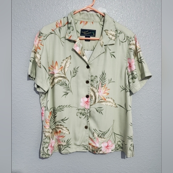 Island Traders Green Floral Tropical Women's Short Sleeve Button Blouse Size L - Picture 2 of 11